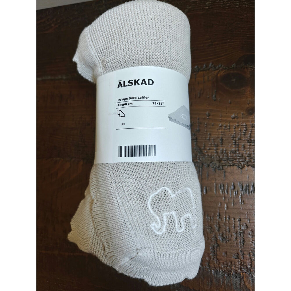 KEA Alskad Elephant Knit Baby Blanket NWT Gray White Cotton Sweater Throw